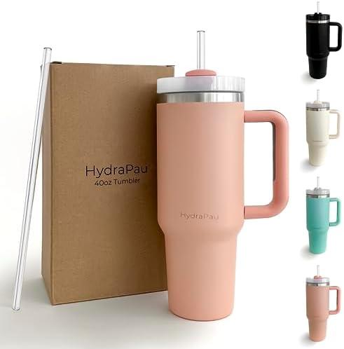 Shoppau HydraPau Quencher 40oz Tumbler With Handle, Lid, Straw - Double Wall Vacuum Insulation - Silicone Straw Grip - Car Cupholder Compatible - Dishwasher Safe - Recycled Stainless Steel (Peach)