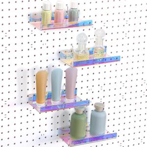 Lounsweer 4 Set Pegboard Shelf Acrylic Shelf with Metal Hooks Peg Board Organizer Accessories Storage Shelf for Pegboard Display Wall Craft Room Home Garage Nursery Kitchen (Iridescent,8 x 4 Inch)