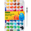 WASHABLE WATERCOLOR PAINT SET 48 COLORS WITH 2 BRUSHES, REFILLABLE WATER BRUSH PEN AND PALETTE, WATER COLOR PAINT SET FOR KIDS, ADULTS, BEGINNER ARTISTS (1)