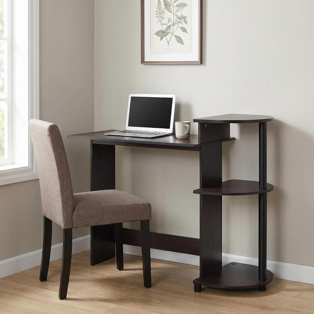 Furinno Compact 29-Inch Brown Computer Desk, Office Desk with 3 Side Shelves, Rectangular Home Office Desk, Gaming Desk for Home Office, Bedroom, Study Room, Dark Mocha