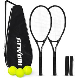 HIRALIY 27" Tennis Rackets Set for Adults, 2 Player Pre-Strung Tennis Racquets, 2 Overgrip Tapes,3 Balls, and 4 Carrying Bag, Outdoor Recreational Sport for Beginner, Men, Women (Black)