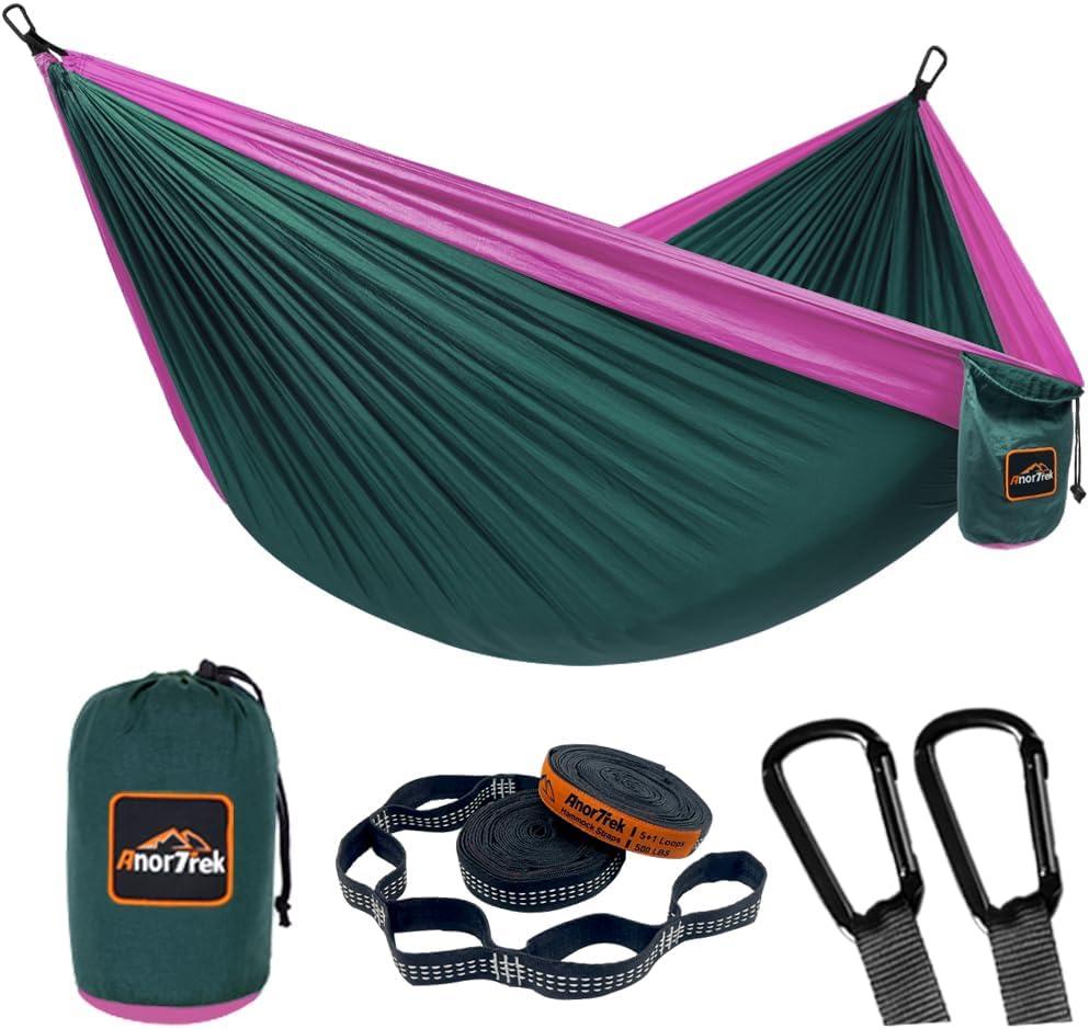Camping Hammock, Super Lightweight Portable Parachute Hammock with Two Tree Straps Single or Double Nylon Travel Tree Hammocks for Camping Backpacking Hiking (Dark Green&fuchsia)
