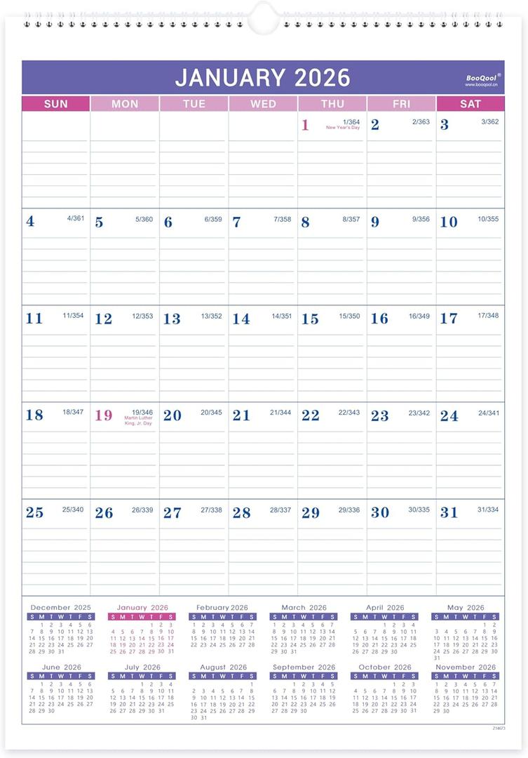 2026 Wall Calendar - January 2026 - December 2026, 2026 Calendar, 12 Months Wall Calendar 2026, 12" x 17", Large Blocks, Spiral Bound