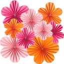 SUNBEAUTY 9 PCS Pink and Orange Party Decorations Pink Party Decorations Paper Fans Party Decorations Sunset Party Decorations Flower Party Decorations Paper Flowers Decorations for Wall