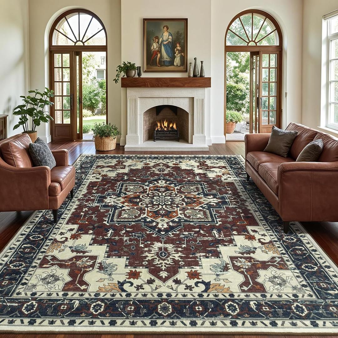 8x10 Area Rugs for Living Room, Large Vintage Carpet for Bedroom Washable Non Slip, Farmhouse Floral Print Aesthetic Distressed Rug for Dining Room Office, Rosewood Red
