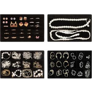 Velvet Jewelry Trays 4 Set,Stackable Jewelry Organizer Storage Trays,Jewelry Drawer Organizer,Earring Ring Necklace Organizer for Women(4 Set,Black)