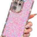 KERZZIL Trendy Girly Glitter Powder Compatible with Sumsung Galaxy Rectangle Case, Elegent Cute Slim Women Bling Diamond Rhinestones Plating Phone Cases(Pink,S24 Ultra)
