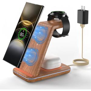 Wireless Charger Station for Samsung Product: JoyGeek 3-in-1 Phone Charging Stand for Galaxy Watch7 Pro/7/6/5/4/3/Active2/1 - S25/S24/S23/S22/S21/S20/S10/S9/S8/Note 20/10/9/8 Z Fold&Flip - Buds 3 Pro (Woodgrain)
