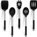 TeamFar Cooking Utensils Set, 5 PCS Silicone Kitchen Utensils with Stainless Steel Handle, for Nonstick Cookware Flipping Frying Turning Draining, Heatproof & Healthy, Nonstick & Easy Clean, Black