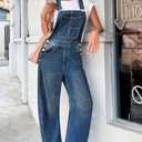 PLNOTME Womens Denim Bib Overalls Barrel Leg Adjustable Strap Jean Pants Jumpsuits with Pockets (Blue, M)