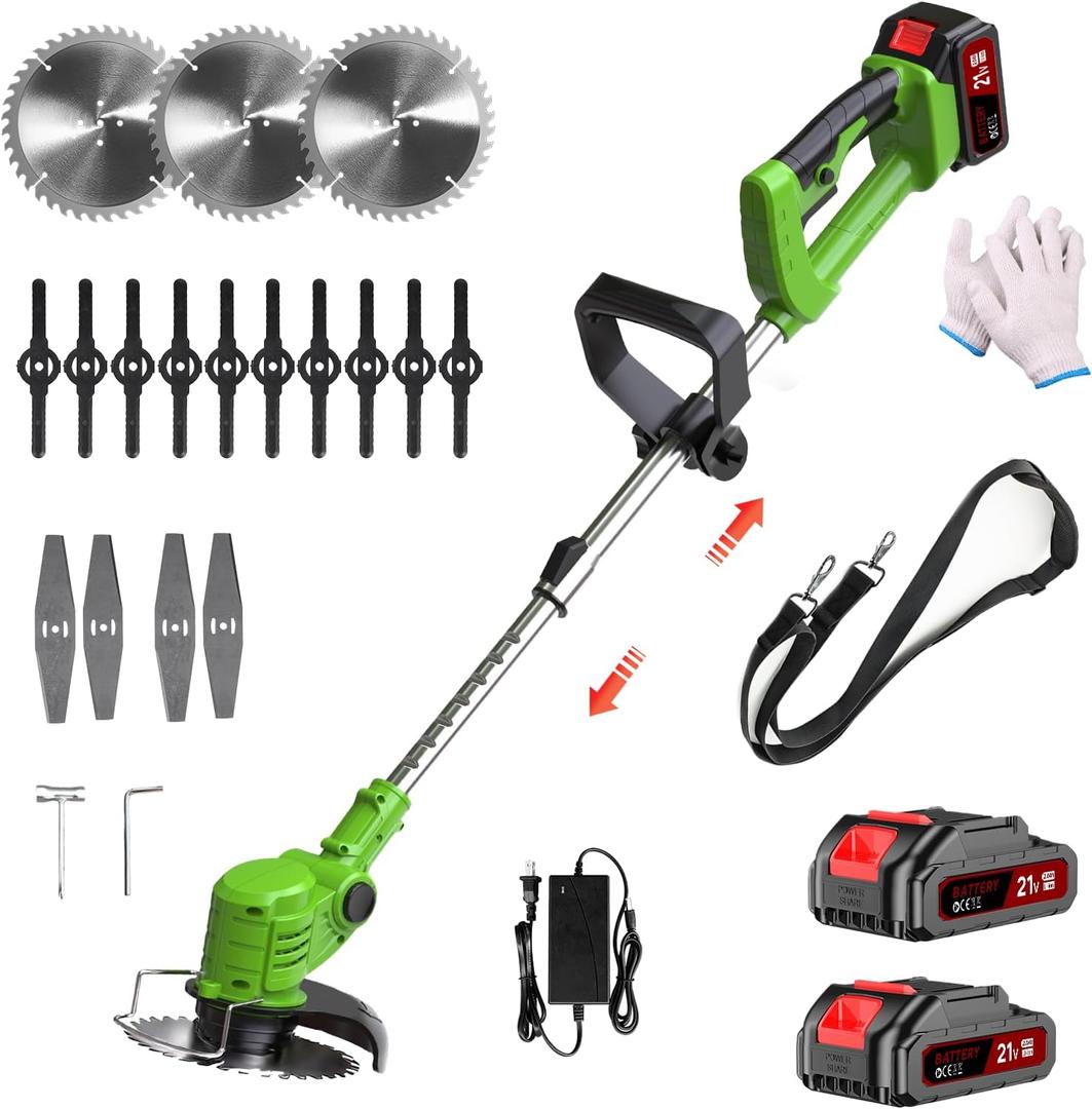 21V Electric Weed Wacker Cordless, 3 in 1 Weed Eater Battery Powered with Charger, Adjustable Height & Angle, Lightweight String Trimmer/Brush Cutter/Weed Trimmer for Lawn Garden Yard (Green)