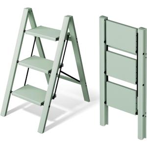 Mayi Plus 3 Step Ladder, Aluminum Folding Step Stool for Adults,Step Ladder with Wide Anti-Slip Pedal,330 lbs Capacity for Home,Office,Kitchen, Library(Green)