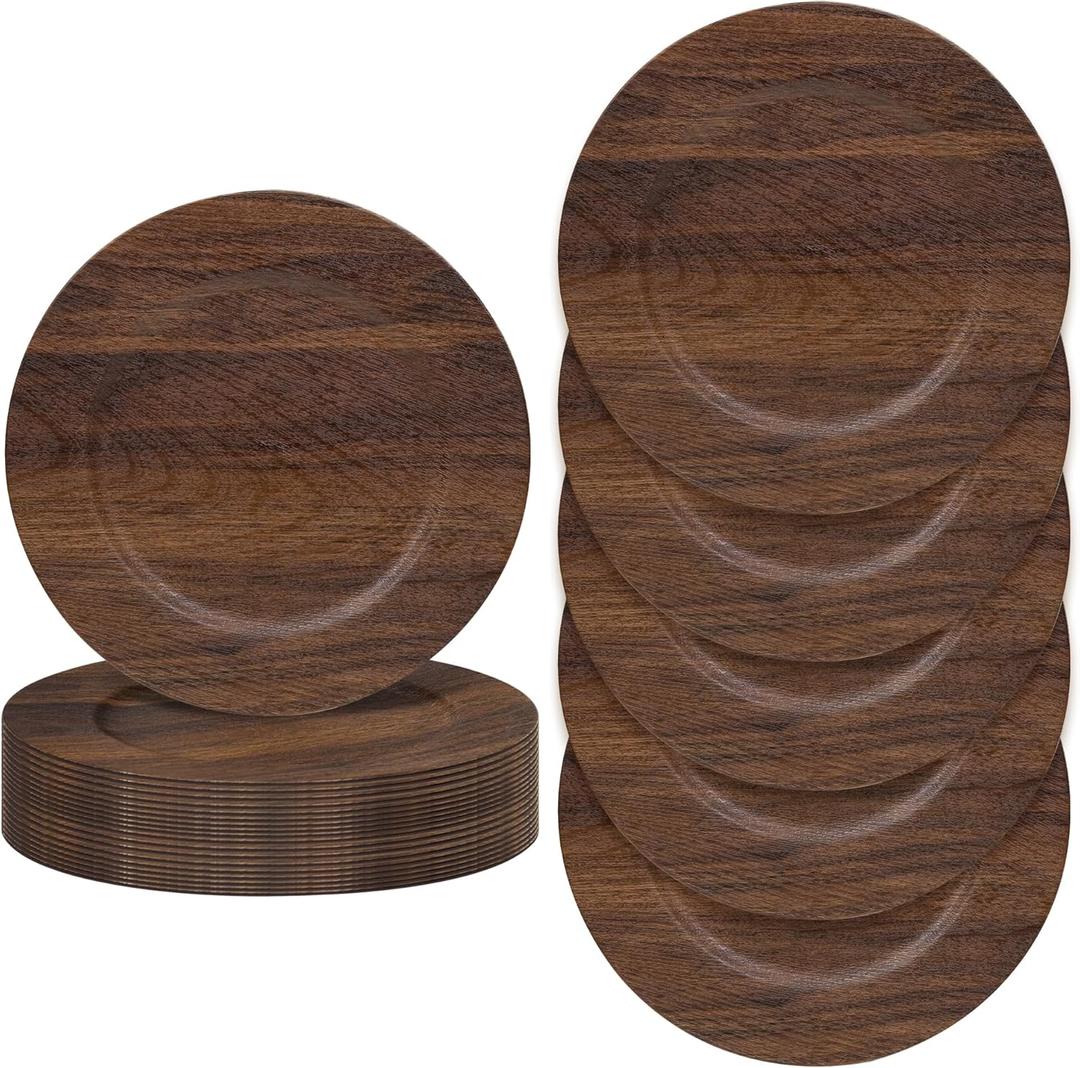 JEVERGN 24 Pack Farmhouse Charger Plates, 13'' Faux Wood Chargers for Dinner Plates, Brown Plate Chargers Set of 24, Round Plastic Charger for Wedding, Party Event, Dinner, Table Setting
