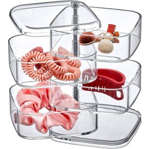 Amazing Abby - Inspire - 4-Tier Acrylic Hair Accessories Organizer with Lid, Plastic Jewelry Holder, Rotating Makeup Accessories Container, Beauty Supply Storage, Clear, Square (4.5" x 4.5")
