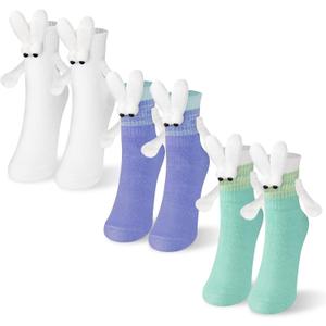 3 Pairs Easter Magnetic Holding Hands Socks, Funny Bunny Crazy Socks Mid-Tube Socks, Novelty Easter Gifts for Basket Stuffers