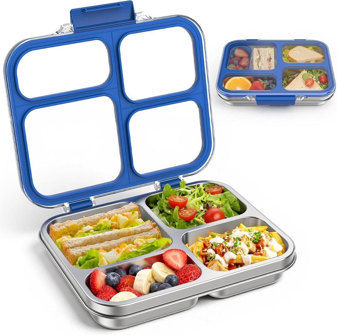 Stainless Steel Bento Box for Kids Adults with Silicone Container, Leak Proof 4 Compartments Metal Lunch Box, Removable Silicone Seal & Clear Lid Food Container for School Office, BPA-Free(Blue)