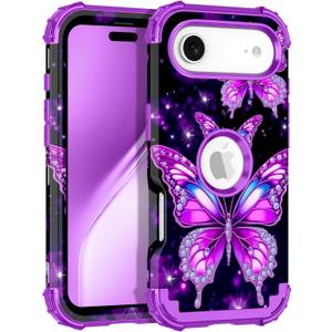 Rancase for iPhone Air Case,Three Layer Heavy Duty Shockproof Protection Hard Plastic Bumper +Soft Silicone Rubber Protective Case for Apple iPhone 17 Air 6.5 inch,Glow in The Dark-Purple