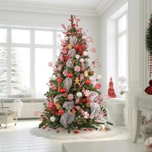 WBHome 6FT Pre-lit Artificial Christmas Tree with 300 Plug-in LED Lights and Ornaments Set Package, Peppermint & Gingerbread Themed Christmas Decorations