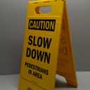 SmartSign - SF-0292-FB-25x12 Caution - Slow Down, Pedestrians In Area Folding Floor Sign By | 25" x 12" Plastic Black on Yellow