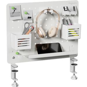 Clamp-on Desk Pegboard, Desk Organizer for Office Gaming Home, Magnetic Metal Peg Board with 10 Accessories, Privacy Panel for Office, 16.5" x 12.6", Medium, White