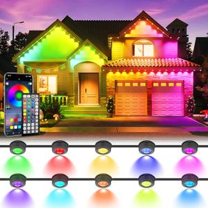 50FT Permanent Outdoor Lights, Waterproof 2-in-1 Eaves & Ground Stakes LED String Lights with App/Remote Control for House, Garden Smart Color-Changing Lighting for Halloween Christmas Decorations