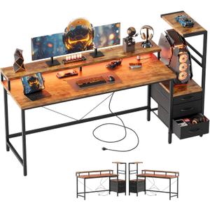 Mericonia Gaming Desk with Storage 60 inch, Computer Desk Gaming with LED Lights & Power Outlets, Reversible Large Gamer Table with PC Case Stand, Fabric Drawers, Office Desk with Shelves (Djk-rustic Brown)