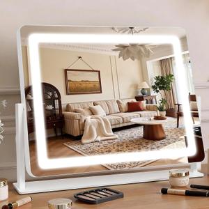 Vanity Mirror with Lights 22"×17", Large LED Makeup Mirror with Light, Smart Touch with 3-Color Lighting, Dimmable, 360° Rotation, Desk Mirror, Vanity Mirror Tabletop (White)
