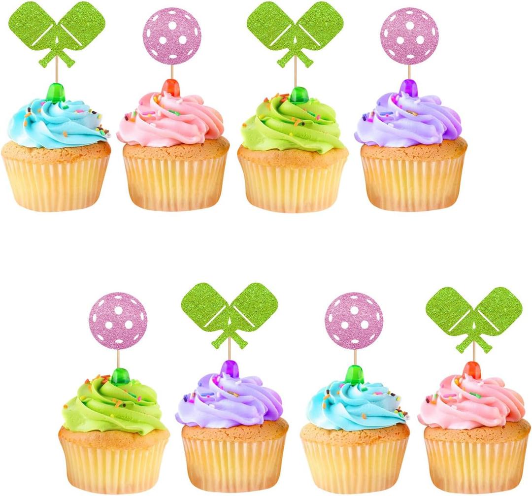 24pcs Pickleball Cupcake Toppers, Pickleball Birthday Cupcake Toppers for Kids, Pink Glitter Pickleball Cupcake Picks, Sport Themed Birthday/Retirement Party Supplies