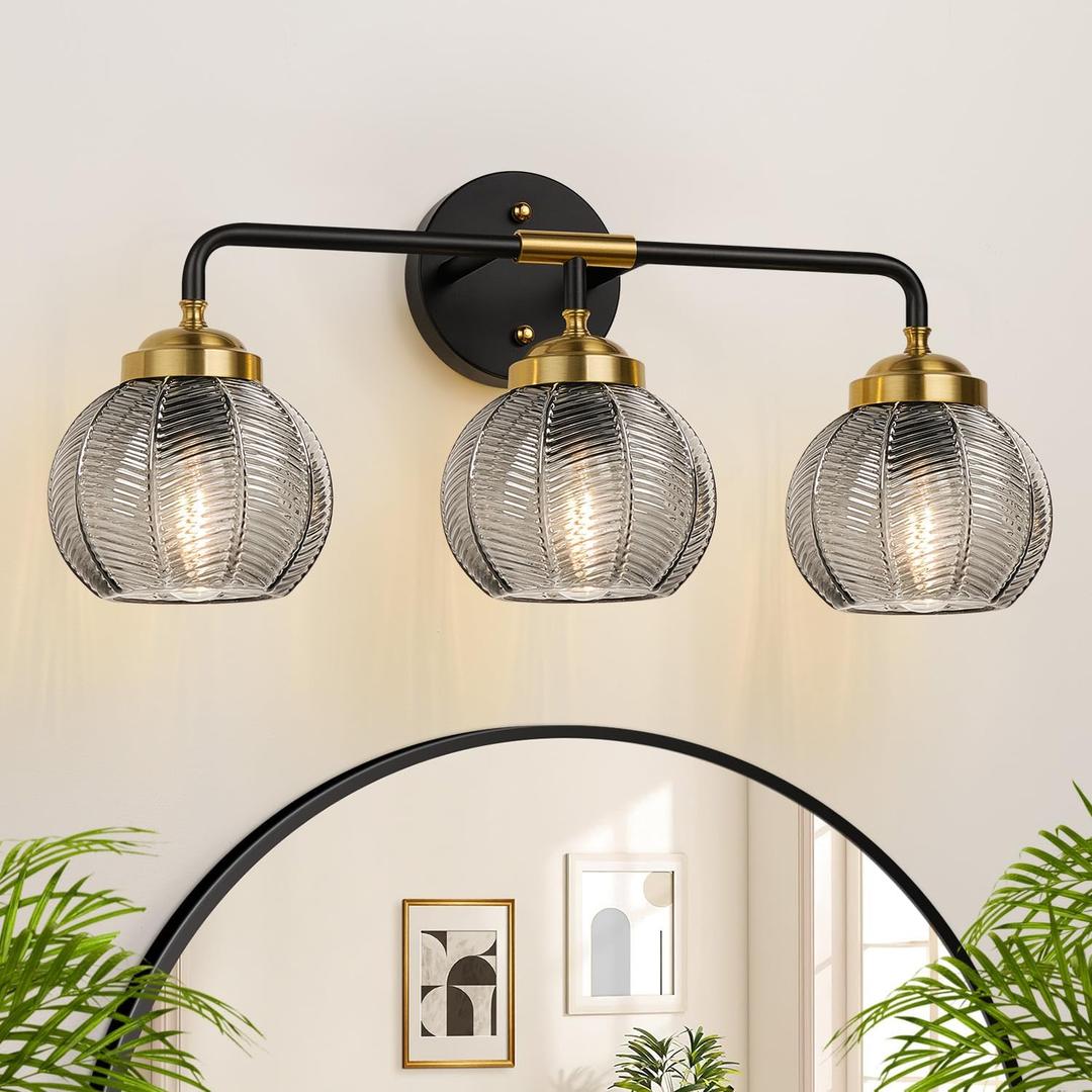 MOKATNG Bathroom Light Fixtures, 3-Light Smokegray Vanity Lights with Unique Leaf Texture Glass Shade, Modern Matte Black and Gold Bathroom Wall Lamp for Mirror Hallway Cabinet Living Room