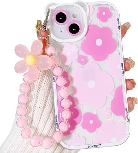 for iPhone 14 Case, Cute Clear Blue Floral Bear Camera Lens Case with Lovely Flower Wrist Strap Bracelet Chain for Women Girly,Shockproof Cover-Pink