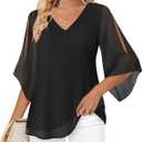 Bebonnie Womens Ruffle 3/4 Sleeve V Neck Double Layers Chiffon Blouses Dressy Tunic Tops (Black, XL)
