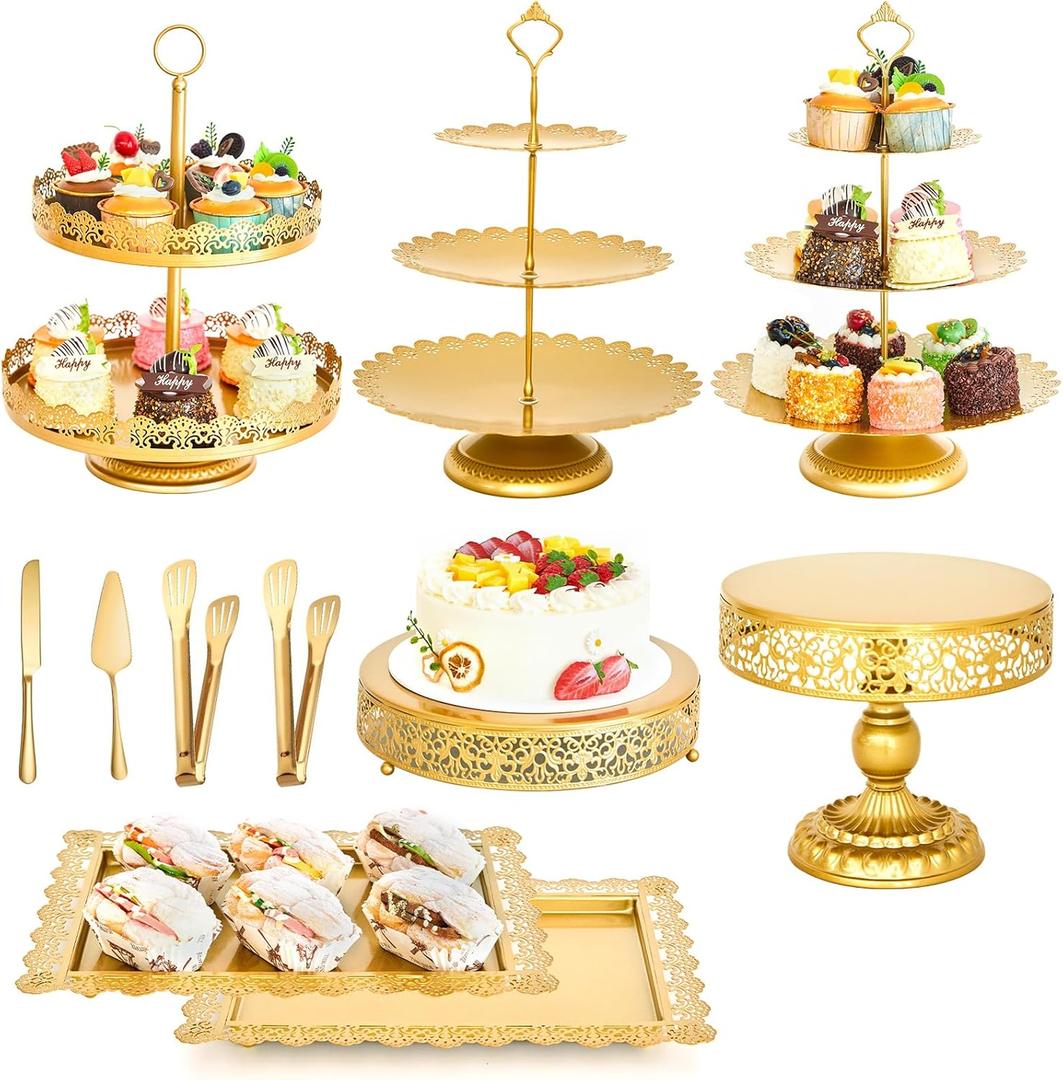 11 Pcs Gold Cake Stand Set for Wedding, Dessert Table Display Set for Birthday, Metal Square Serving Trays for Candy, Cupcake Pop Stand Holder Tower with Round Base for Celebration, The Platters for Party