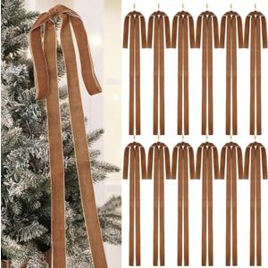 Janinka 12 Pcs Brown Velvet Ribbon Bows Christmas Tree Decorations 23.5x15.5 Inch Rustic Neutral Large Velvet Vintage Christmas Swag Ornaments Staircase Wreath Bows Tree Topper Bow