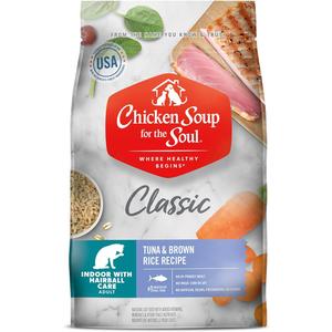 Chicken Soup for the Soul All Natural Premium Indoor w/Hairball Care Adult Dry Cat Food, Real Meat First Ingredient, No By-Products, Supports Intestinal Health, Tuna & Brown Rice, 12lb 01/17/26
