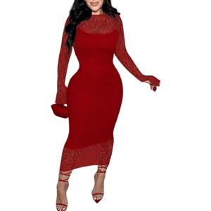 Doweha Womens Sexy Bodycon Lace Dress Elegant Long Sleeve Midi 2 Piece Dress Sets Cocktail Party Birthday Date Night Outfit (Medium, Red)
