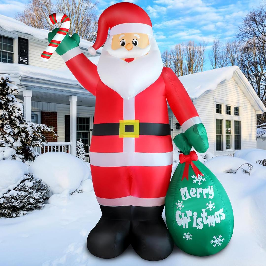 8FT Christmas Inflatable Santa Claus with Candy and Big Gift Bag Outdoor Decoration, Built-in Led Lights Blow Up Xmas Santa Decor, Kindly Festival Decor for Indoor Garden Lawn Yard Holiday Party
