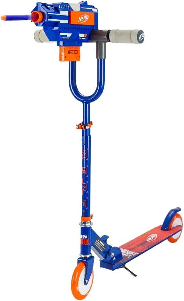 NERF Kick Scooter for Kids, Dual Barrel Blaster Fires Up to 40 Feet, Supports Up to 150lbs, Rear Brake, Sturdy Steel Frame, Wide Surface Textured Molded Deck, Outdoor Activities for Boys/Girls