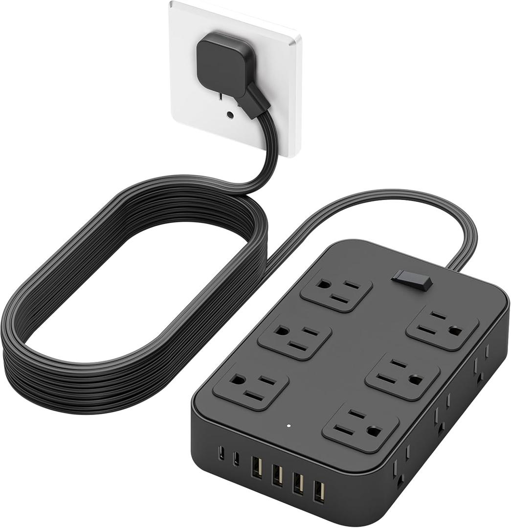 Solidock Flat Plug Power Strip Surge Protector 5 Ft Extension Cord with 12 AC Outlets 6 USB Ports 3 Side Multi Plug Outlet Extender Home Office Kitchen Dorm Room Wall Desk Charging Station ETL Listed