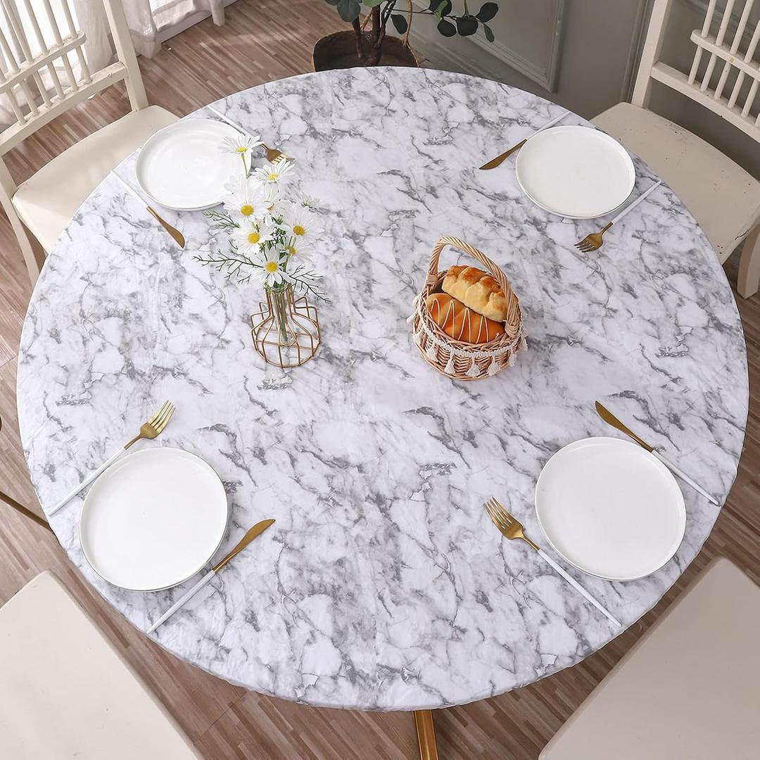 Round Vinyl Fitted Tablecloth with Flannel Backing Elastic Edge Design Table Cover Waterproof Oil-Proof PVC Table Cloth Stain-Resistant Wipeable for Round Table (Large Round Fits Table up 45"-56" Diameter, Marble)