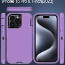 for iPhone 15 Pro Case with Tempered Glass Screen Protector, 16ft Drop Protection, with Dustproof Port Cover, 3-Layer Heavy Duty Shockproof Phone Case, Black/Purple