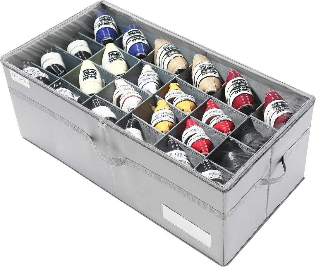 Shoe Organizer for Closet, Fits 24 Pairs, Large Shoe Box Storage Containers, Clear Foldable Shoe Storage Bins w/Bottom Support, Space Saving Closet Shoes Holder w/Reinforced Handles, Gray 