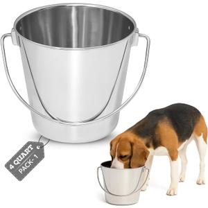 4 quart Heavy Duty Stainless Steel Round Bucket with Handle | 1 gal Durable Food & Water Bowl for Birds Dogs Cats Goat & Livestock | Fits kennel Crate Cage Farm | Hanging Utility Pet Pail