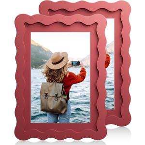 5x7 Wavy Picture Frame With Mat For 4x6, Wavy Edge Wooden Picture Frame with Real Glass - Wall Mount and Tabletop Display, Red, 2 Pack