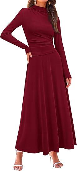 PRETTYGARDEN Long Sleeve Two Piece Skirt Sets Women 2 Piece Outfits Casual Ribbed Knit Mock Neck Ruched Top Swing Maxi Skirts, S