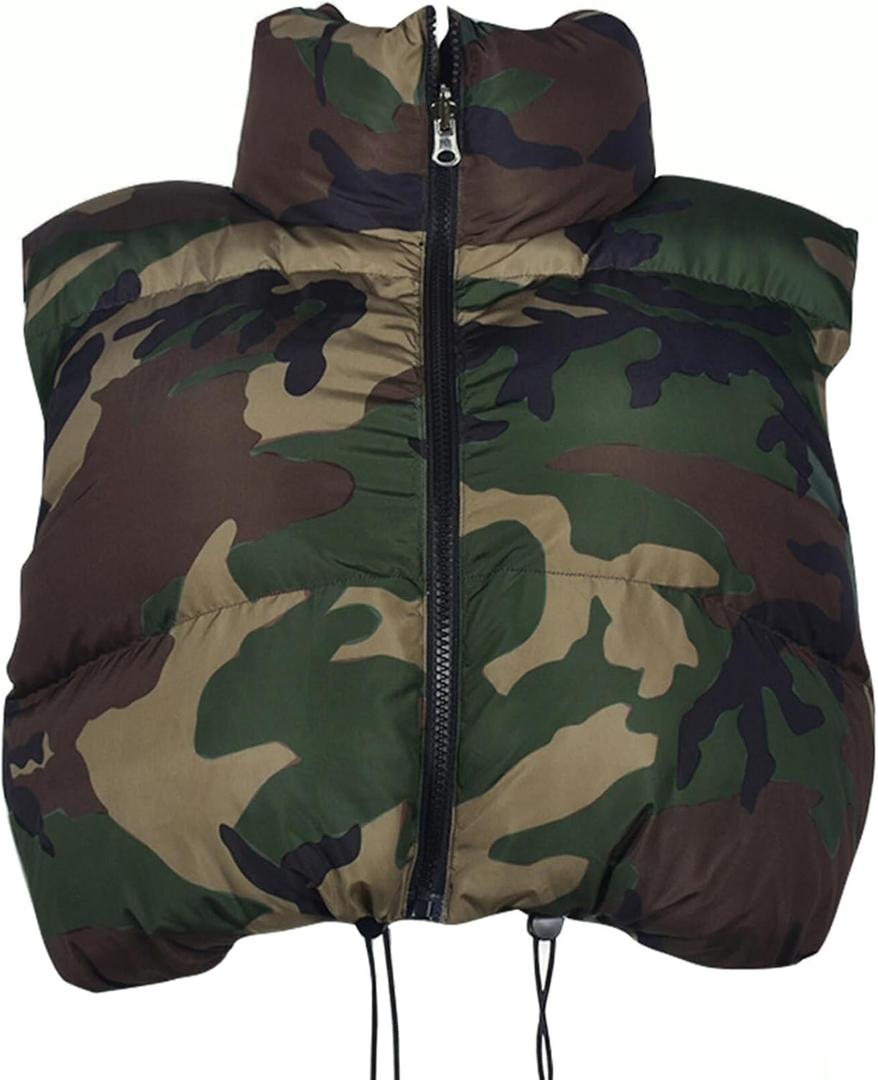 Womens Winter Quilted Vest Camouflage Sleeveless Heated Jacket Outerwear Trendy Drawstring Zip Stand Collar Warm Coat (Medium, Camo Green)