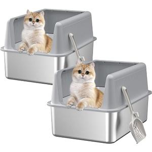 Pack of 2 Stainless Steel Cat Litter Box with Lid,19.7 L x 13.8 W x 11.8H Deep, Large Metal Litter Box with High Side, for Small and Large Cats, Anti-Leakage Non-Sticky Include Litter Scoop