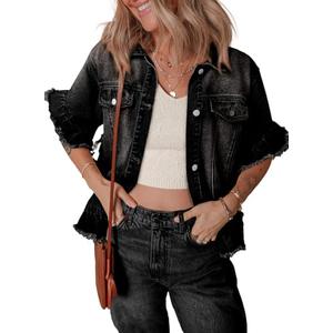 Sidefeel Shackets for Women 2025 Short Sleeve Button Down Ruffle Jean Jackets Casual Washed Denim Jackets Black S