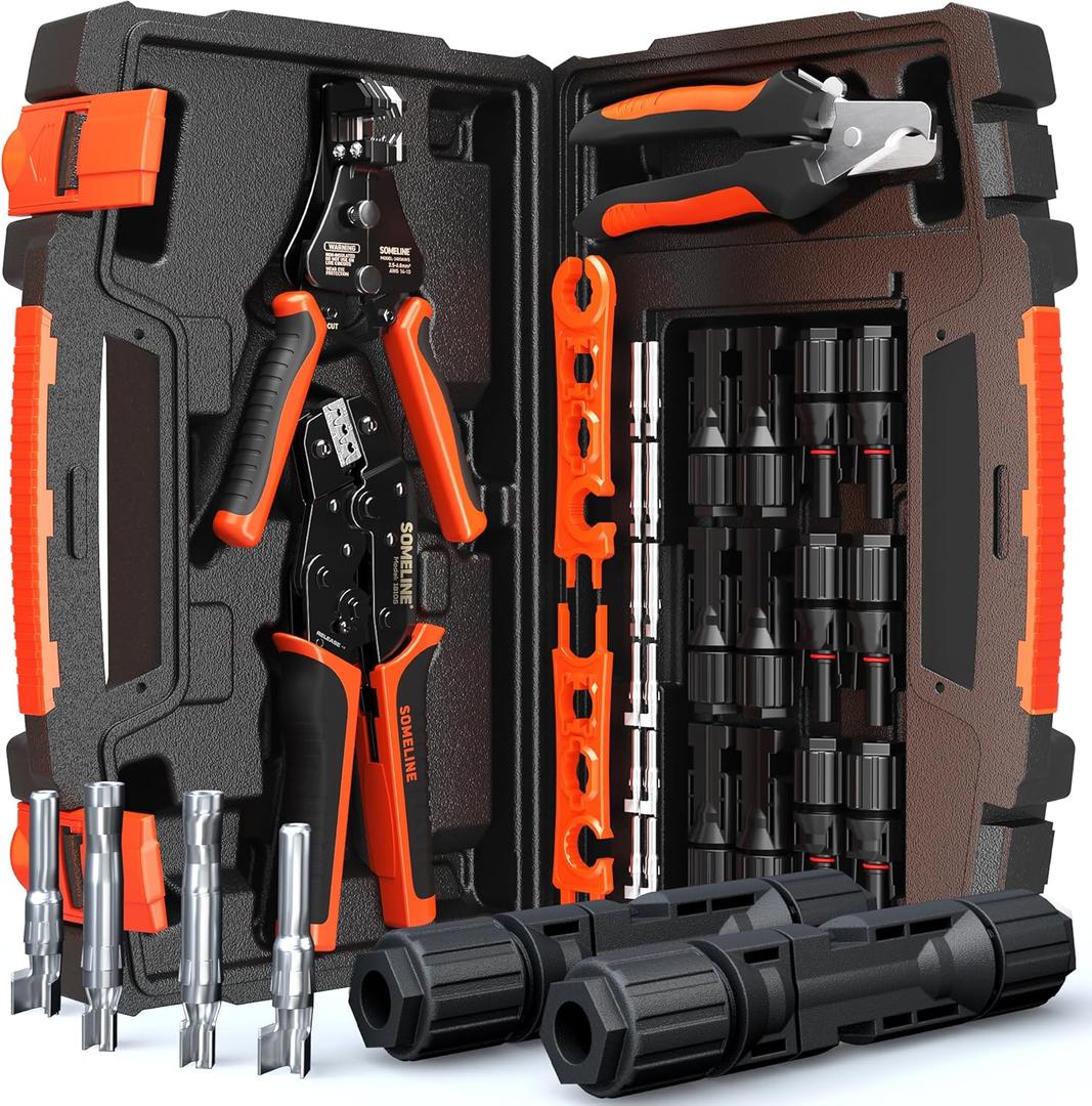 SOMELINE Solar Connector Crimping Tool Kit, 14-10 AWG Crimper for Solar Panel Cables Connectors, Toolbox Kit with 6 Pairs of Solar Connectors and Wrenches, Strippers, Crimpers and Cable Cutter