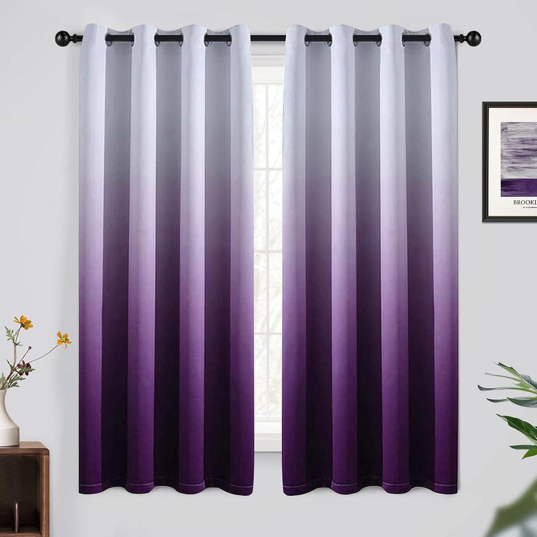 Yakamok 63 Inch Long Ombre Curtains,Thermal Insulated Light Blocking Greyish White to Purple Gradient Color Curtains, Room Darkening Grommet Window Drapes for Bedroom/Living Room(2 Panels,52W x 63L)