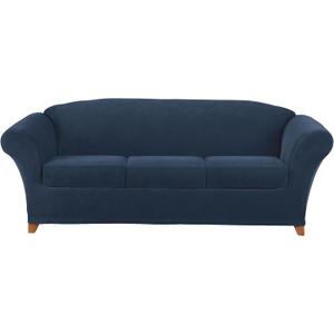 SureFit Stretch Pique Sofa Slipcovers, Three Piece Sofa Cover Includes Slipcover and Two Cushion Covers for a Secure Fit, Machine Washable Geometric Patterned Cushion and Sofa Covers, Navy, 38"D x 96"W x 40"H